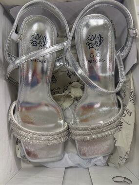 G.C. Shoes Silver Metallic Strappy Heeled Sandals with Crystal Accent